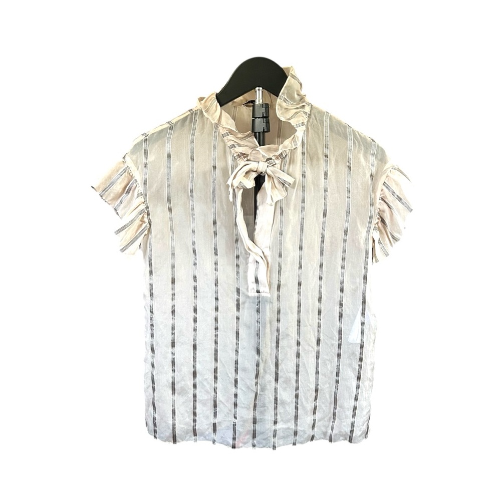 Sandro Rena Metallic Stripe Bow Blouse in Blush Sheer Silk Blend Size 0 / XS